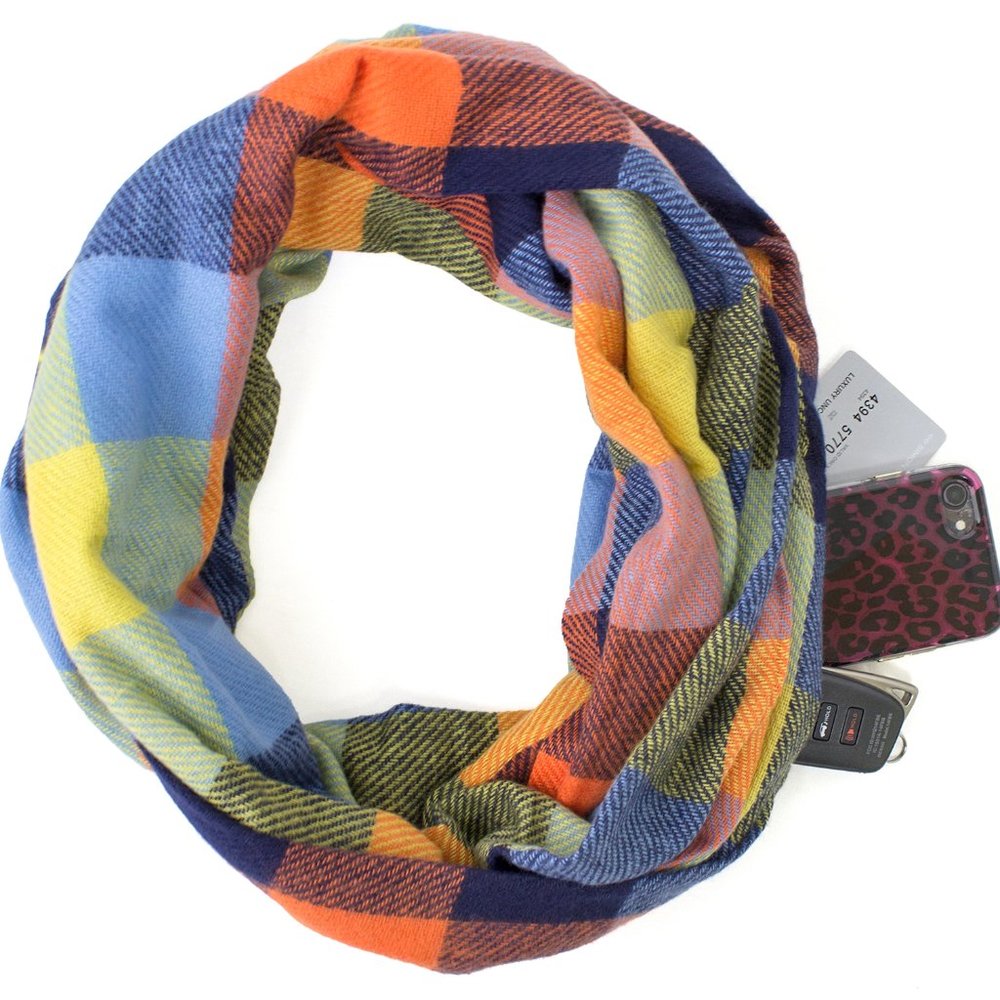 Colorful Plaid Infinity Scarf with Hidden Zipper Pocket Scarf
